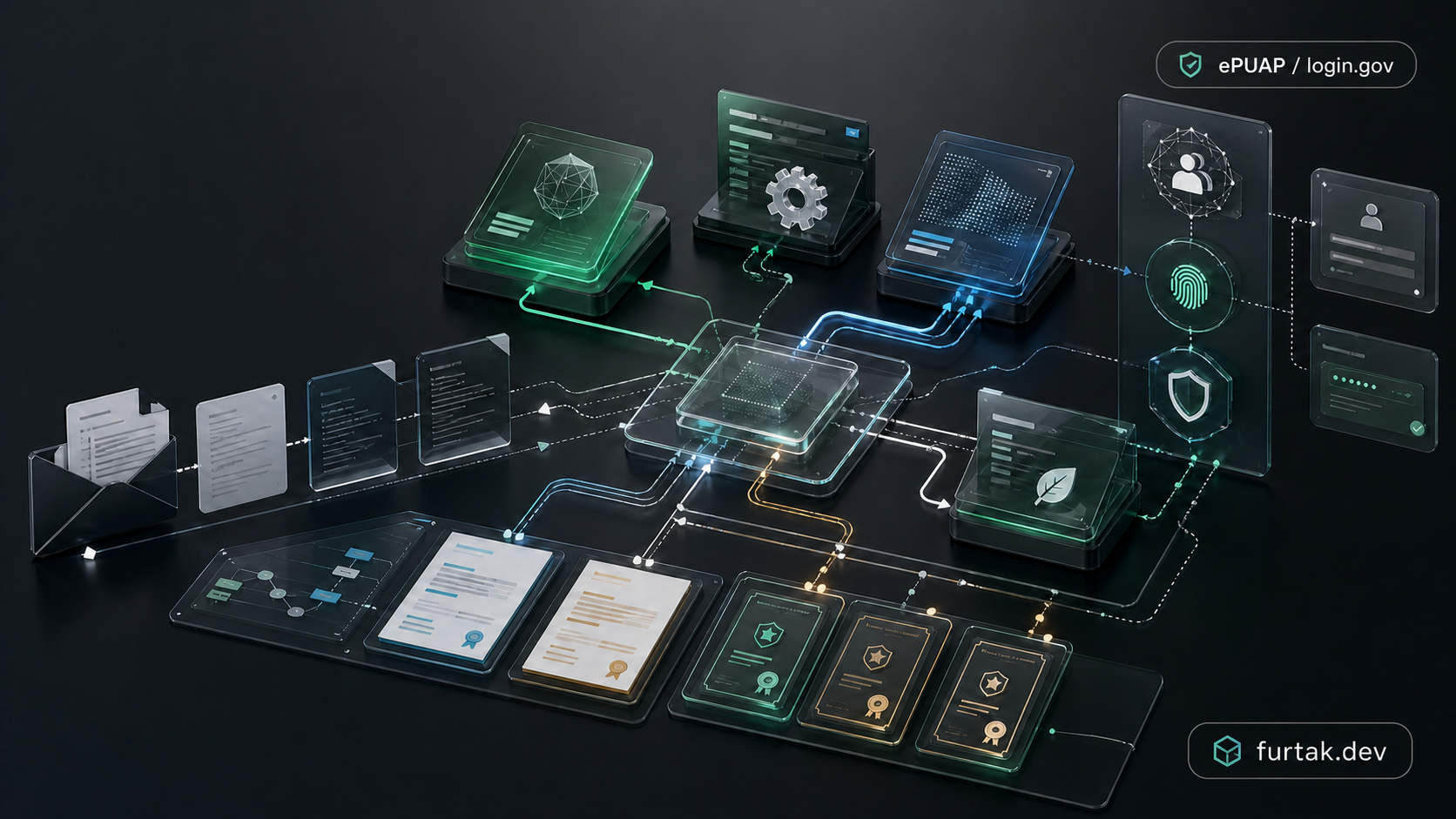 Abstract secure integration architecture with service panels, documents, certificates, connected identity nodes, an ePUAP login.gov badge and a furtak.dev watermark.